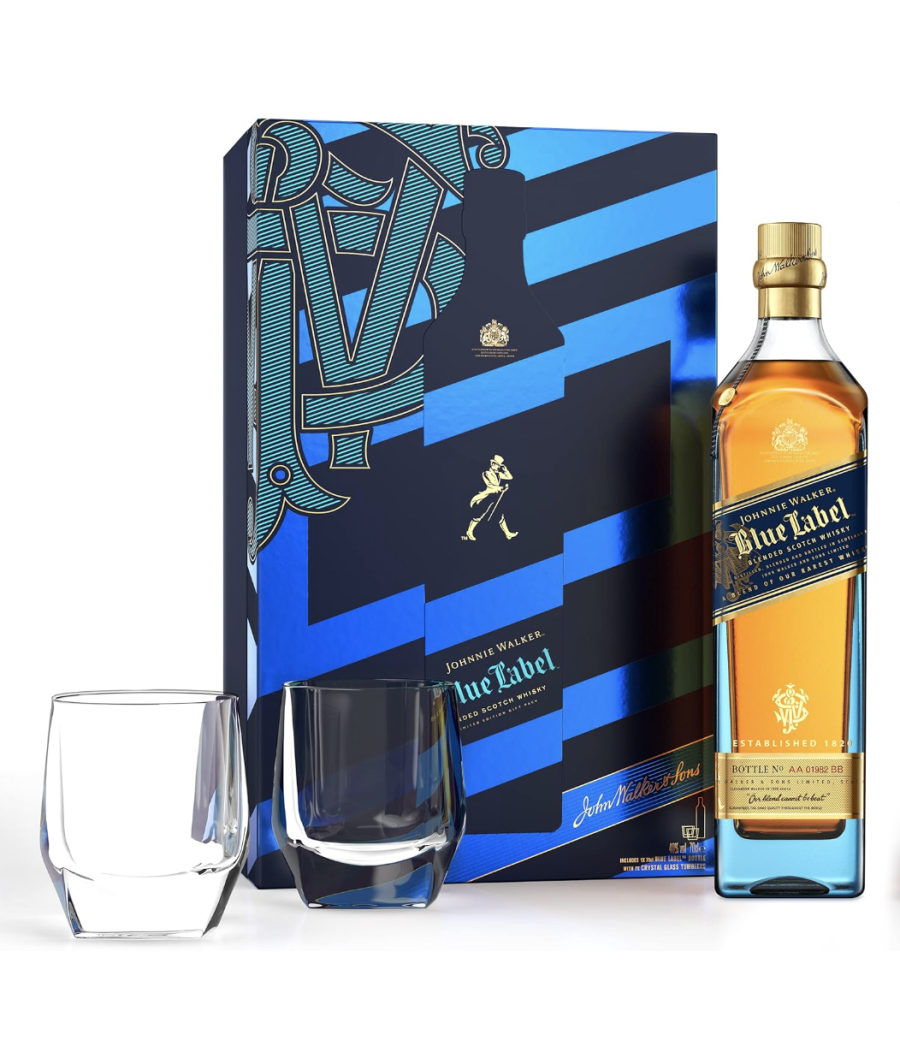 Johnnie Walker Blue, Scotch Whisky, Pack avec deux verres cadeaux